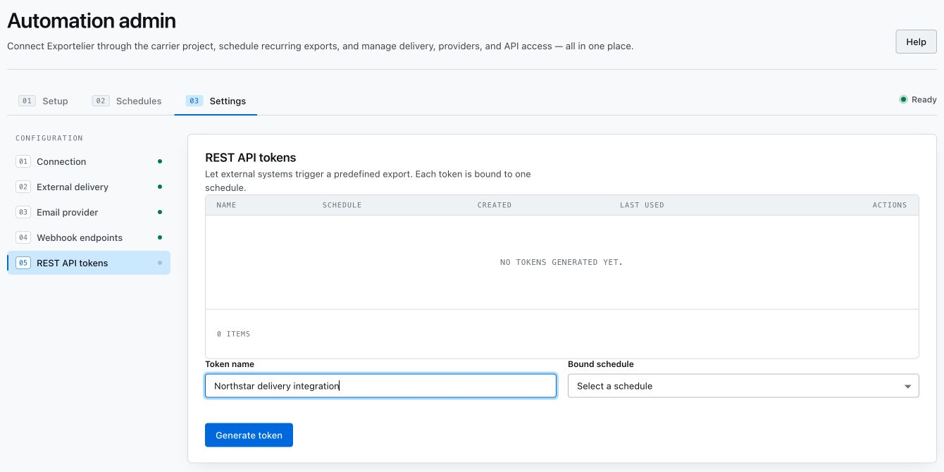 REST API token management with a token name and bound schedule selector.