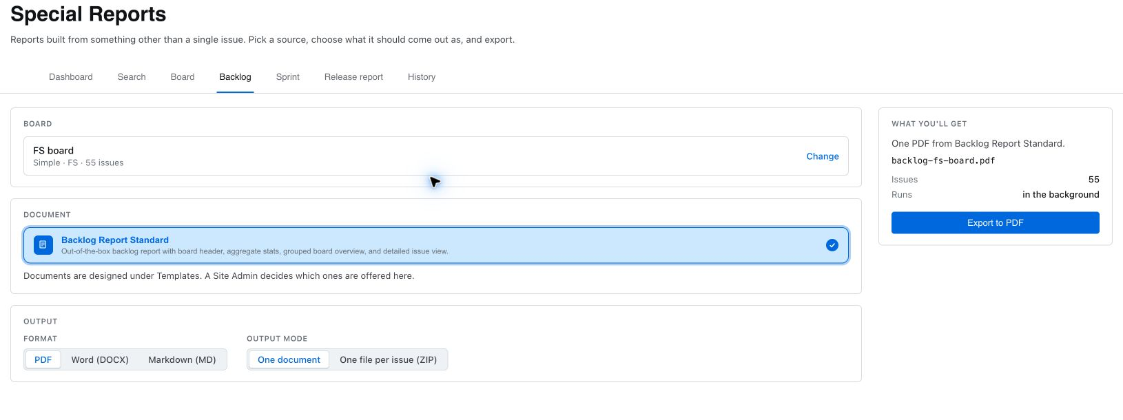 Special Reports — Backlog: source, document template, output format and export action.