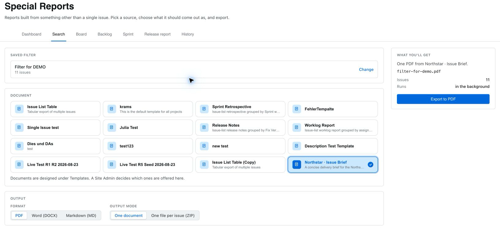 Special Reports — Search: source, document template, output format and export action.