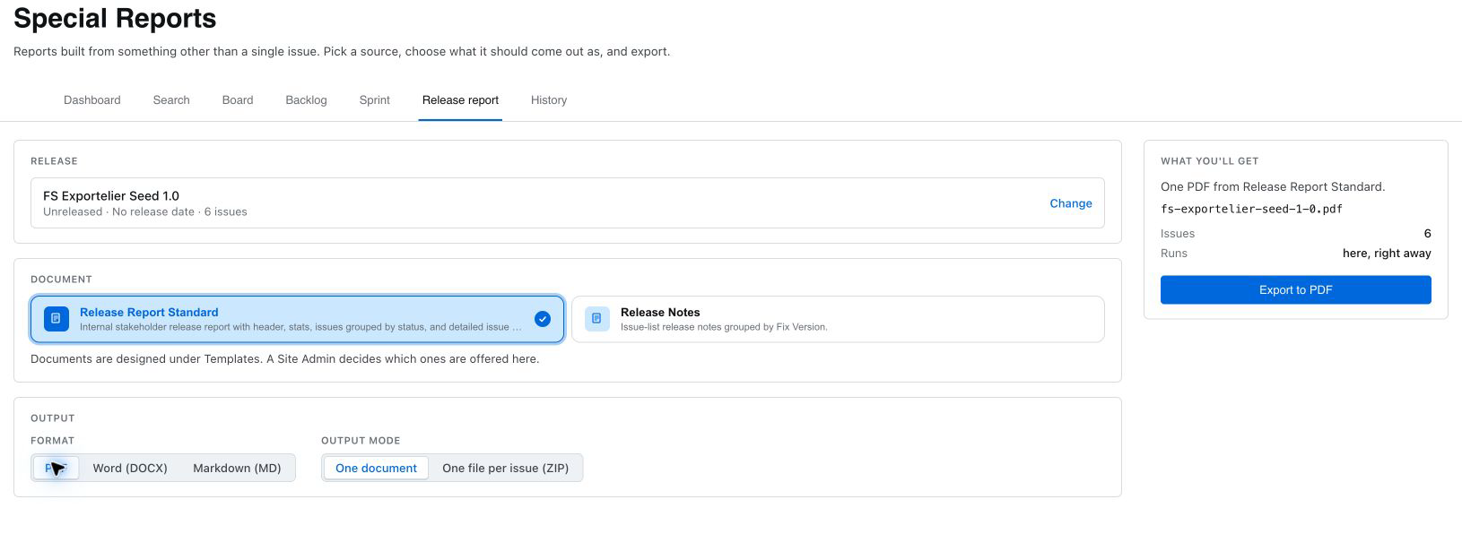 Special Reports — Release report: source, document template, output format and export action.