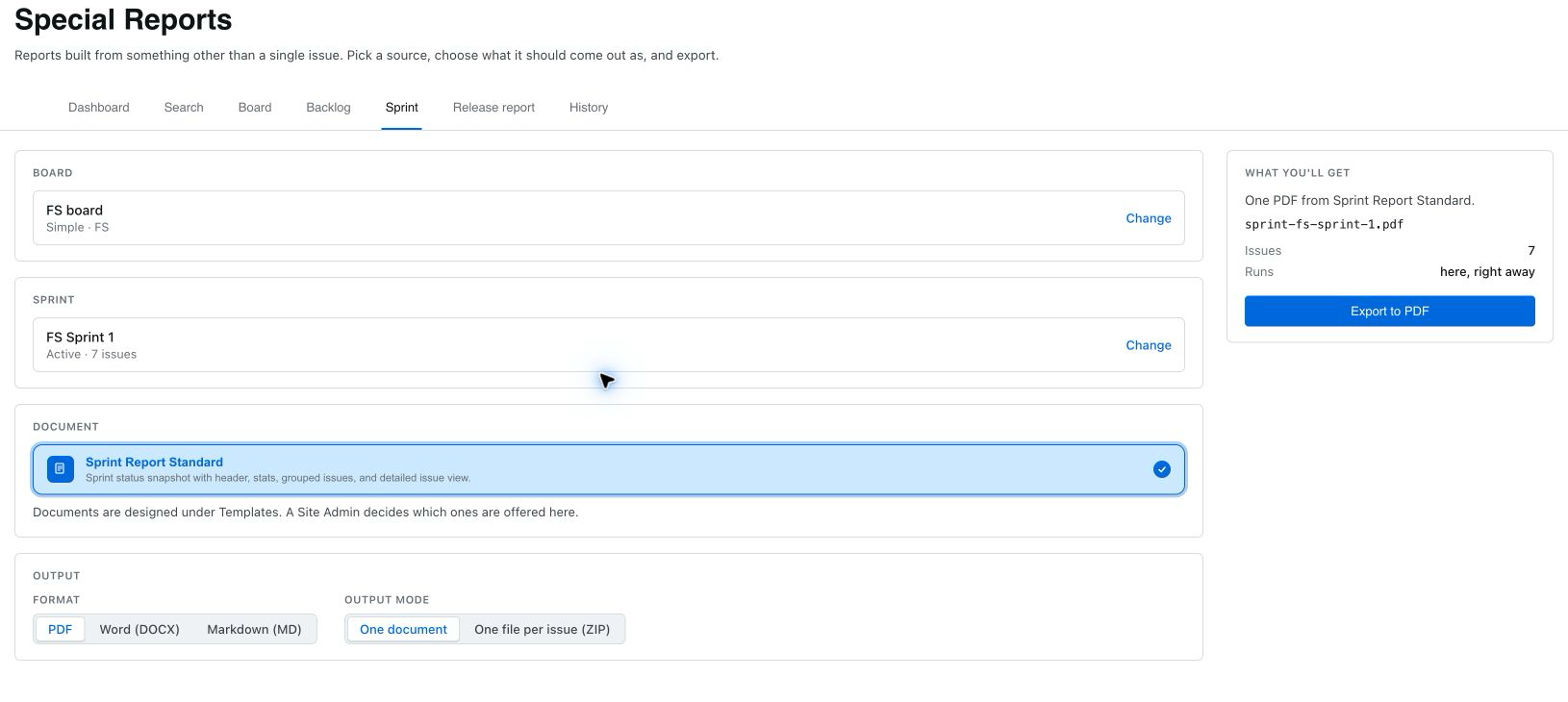 Special Reports — Sprint: source, document template, output format and export action.