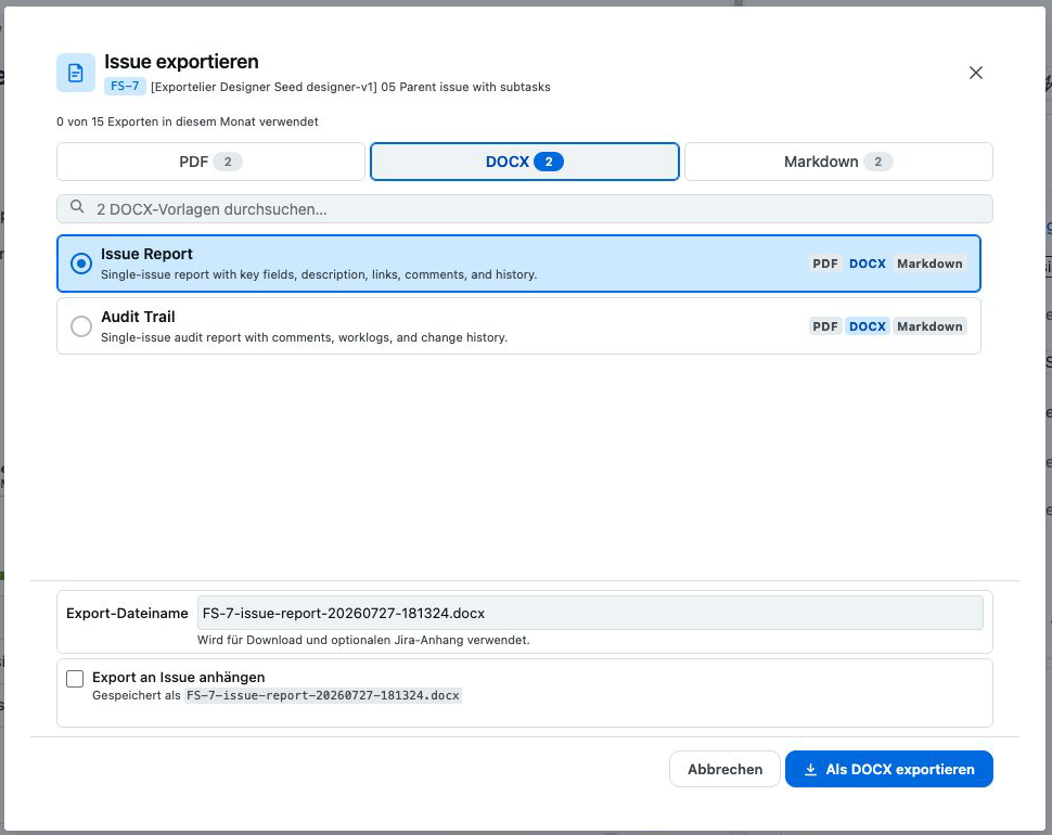 Word format selected in the export dialog