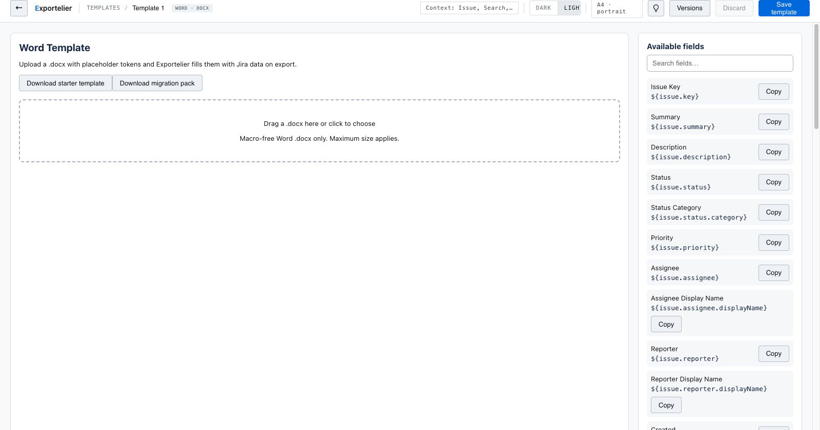 Word template upload and available Jira field tokens