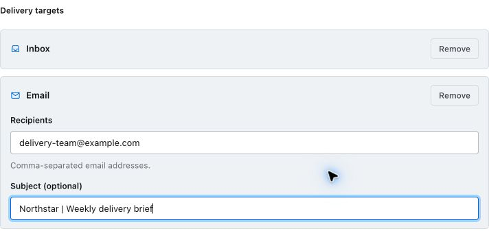 E-Mail-Zustellung mit Empfängern und optionalem Betreff.