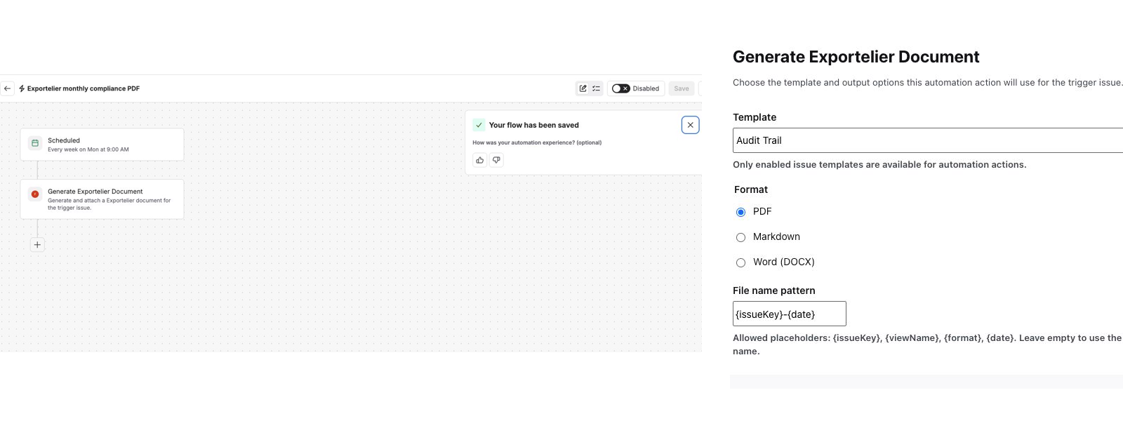 Acción de Exportelier en una regla de Jira Automation