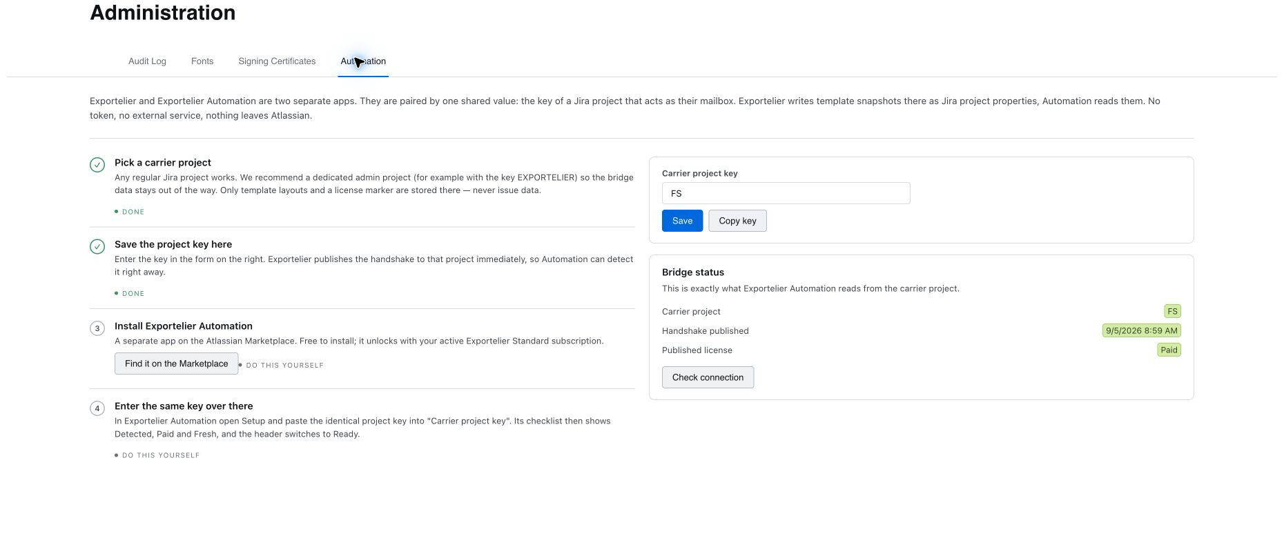 Administration → Automation: configurazione della connessione e stato del bridge.