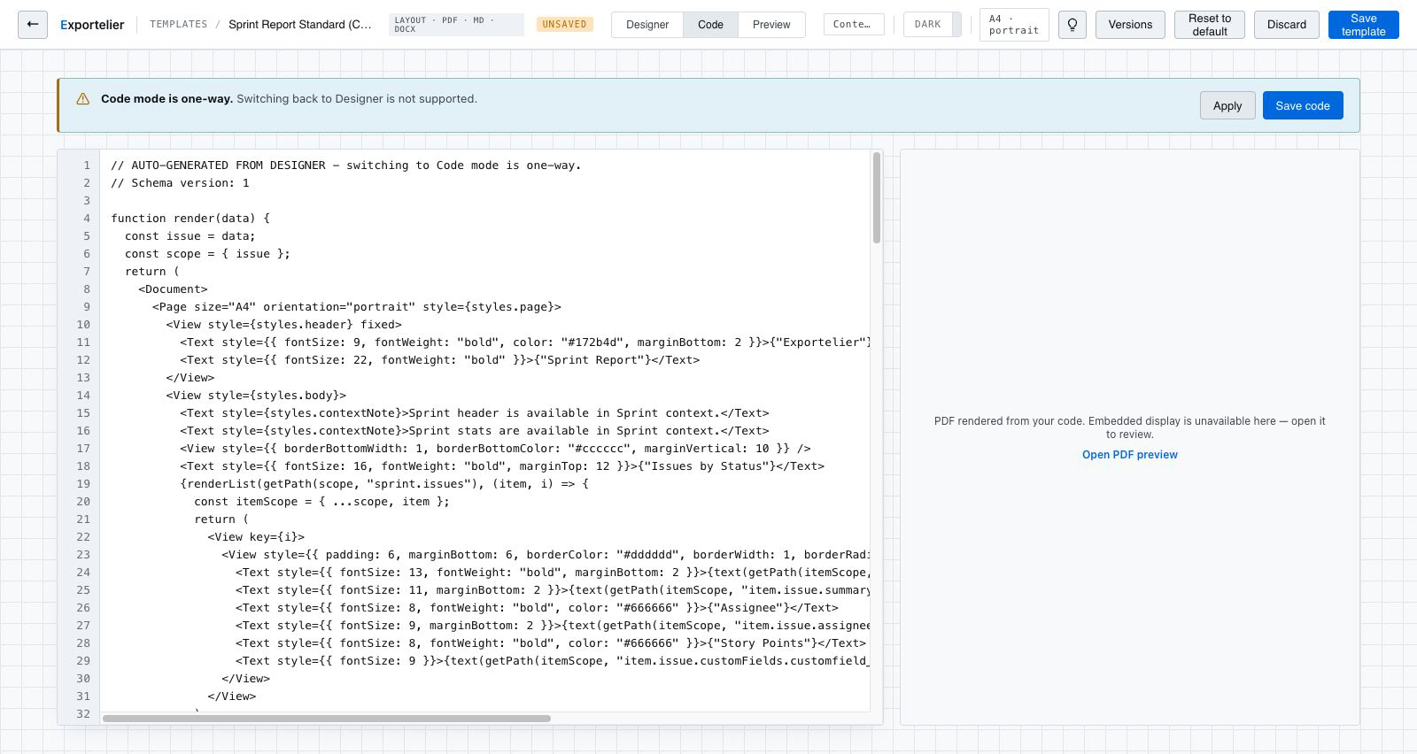 Editor in modalità codice con anteprima in tempo reale
