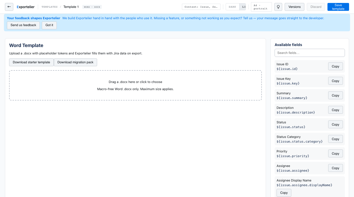 Caricamento del modello Word e token dei campi Jira