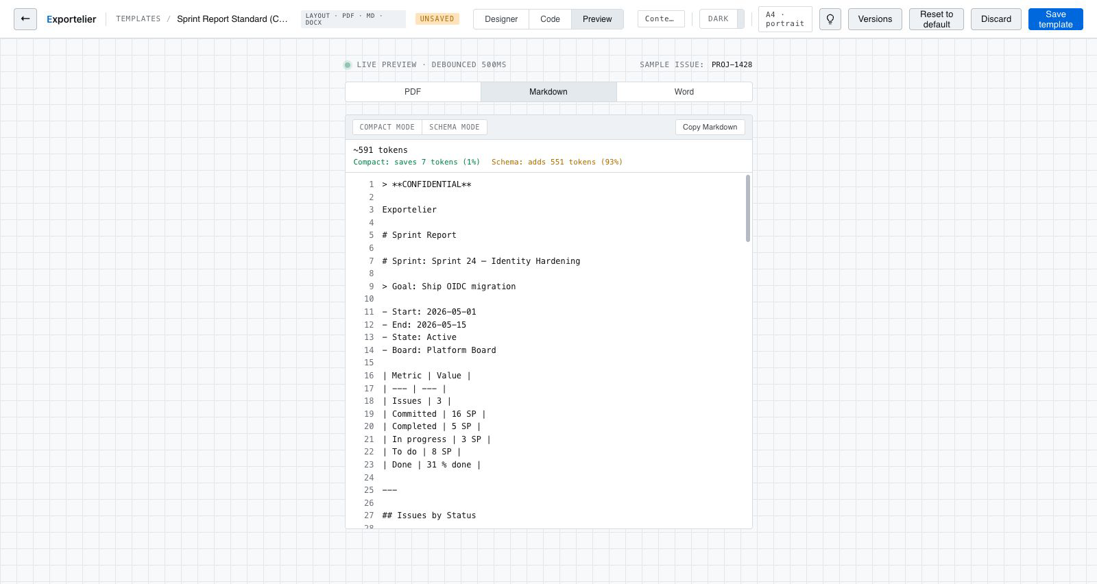 Markdown-formaat geselecteerd