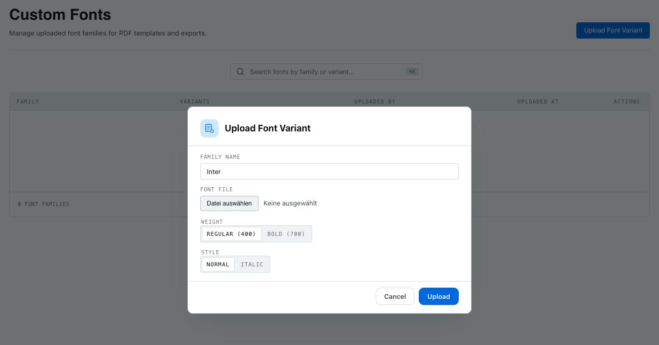 Configurações de upload de fontes personalizadas