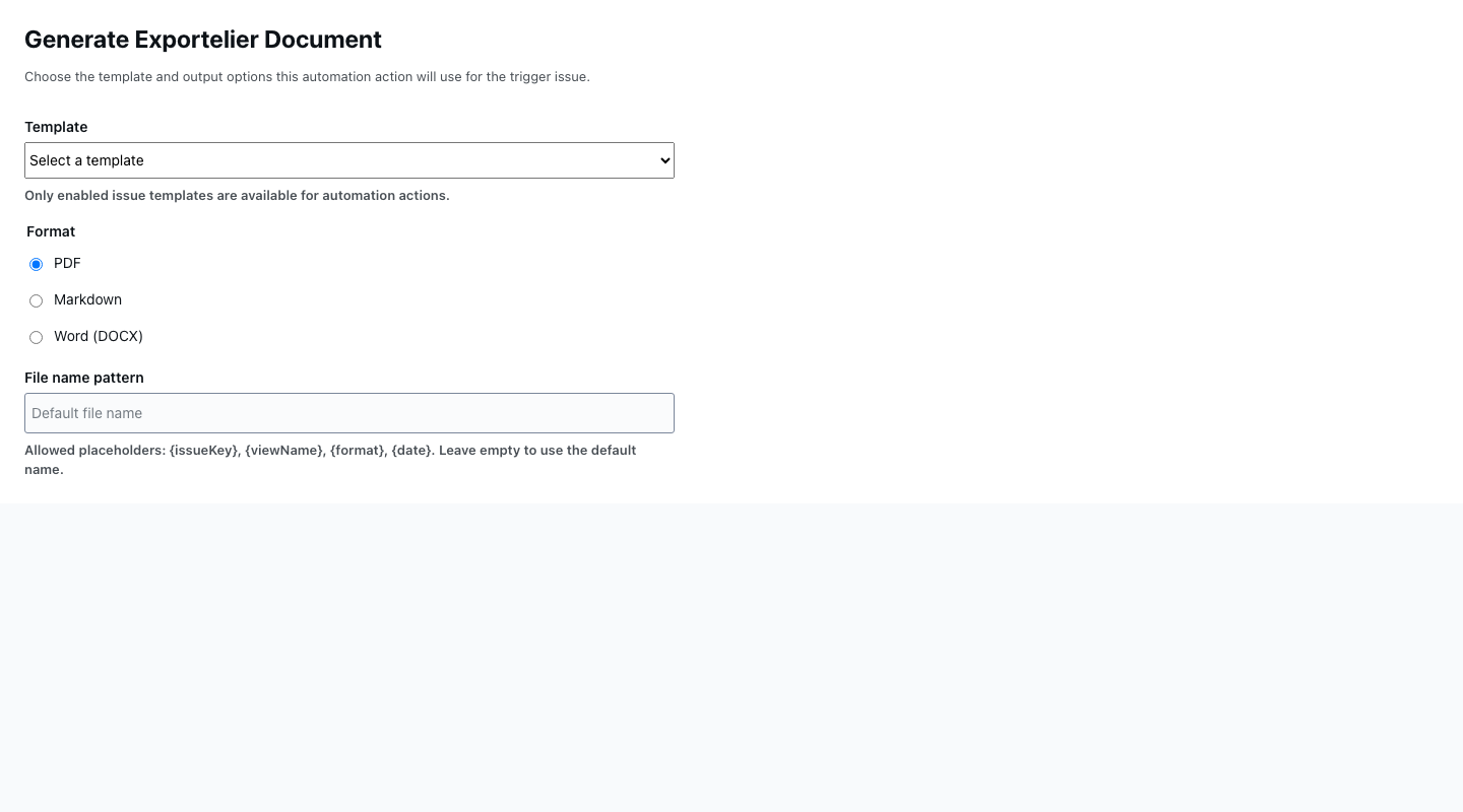 Ação do Exportelier em uma regra do Jira Automation